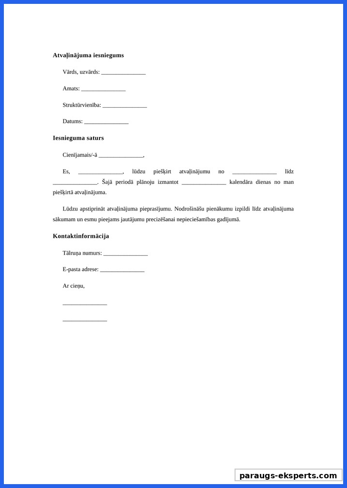 Atvaļinājuma Iesniegums Paraugs