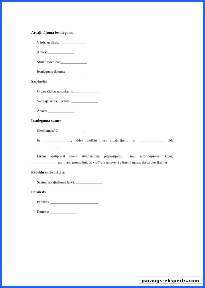 Atvaļinājumam Atvaļinājuma Iesniegums Paraugs