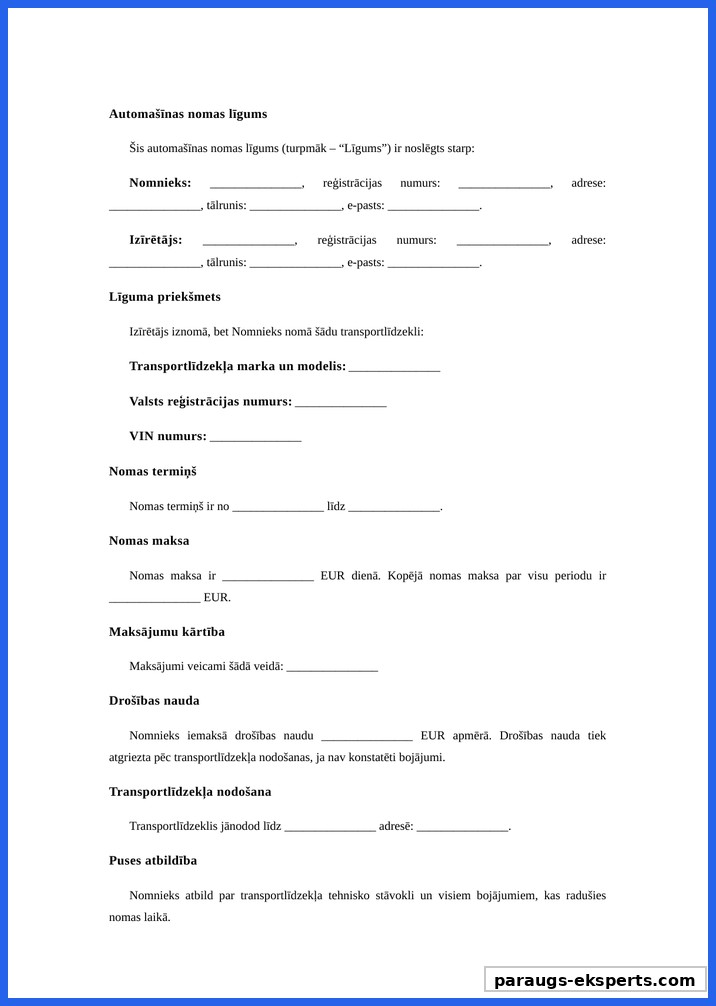 Auto Nomas Līgums Paraugs