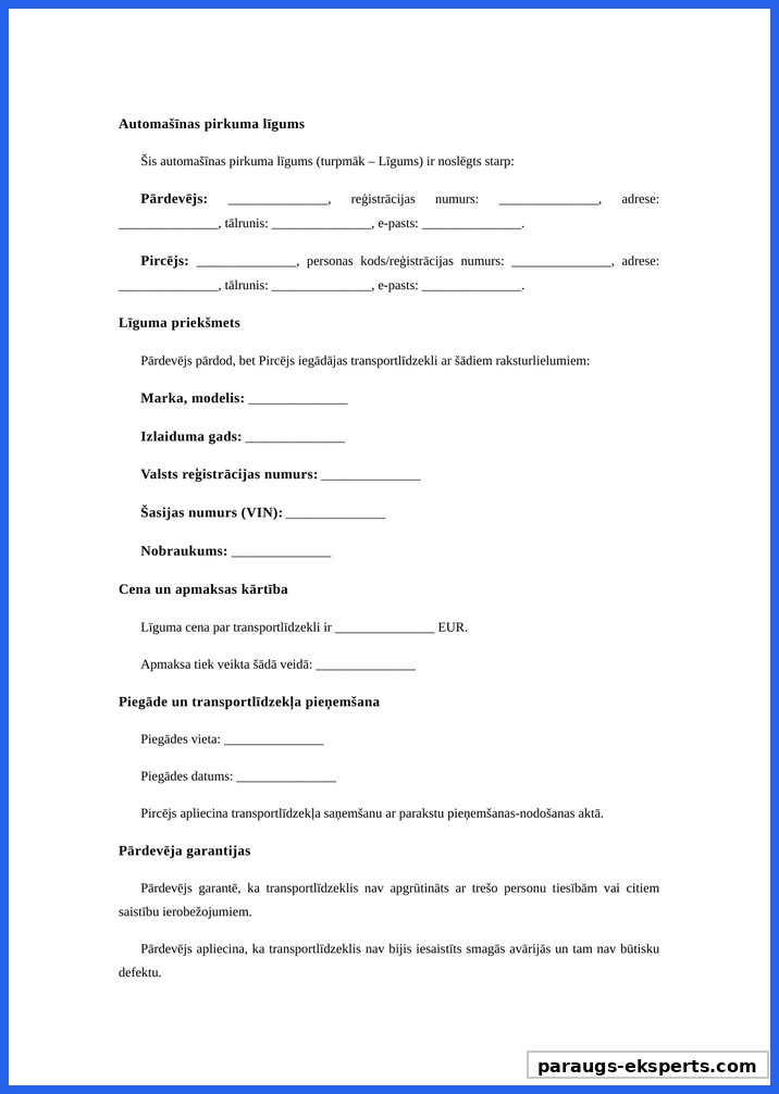 Auto Pirkšanas Pārdošanas Līgums Paraugs