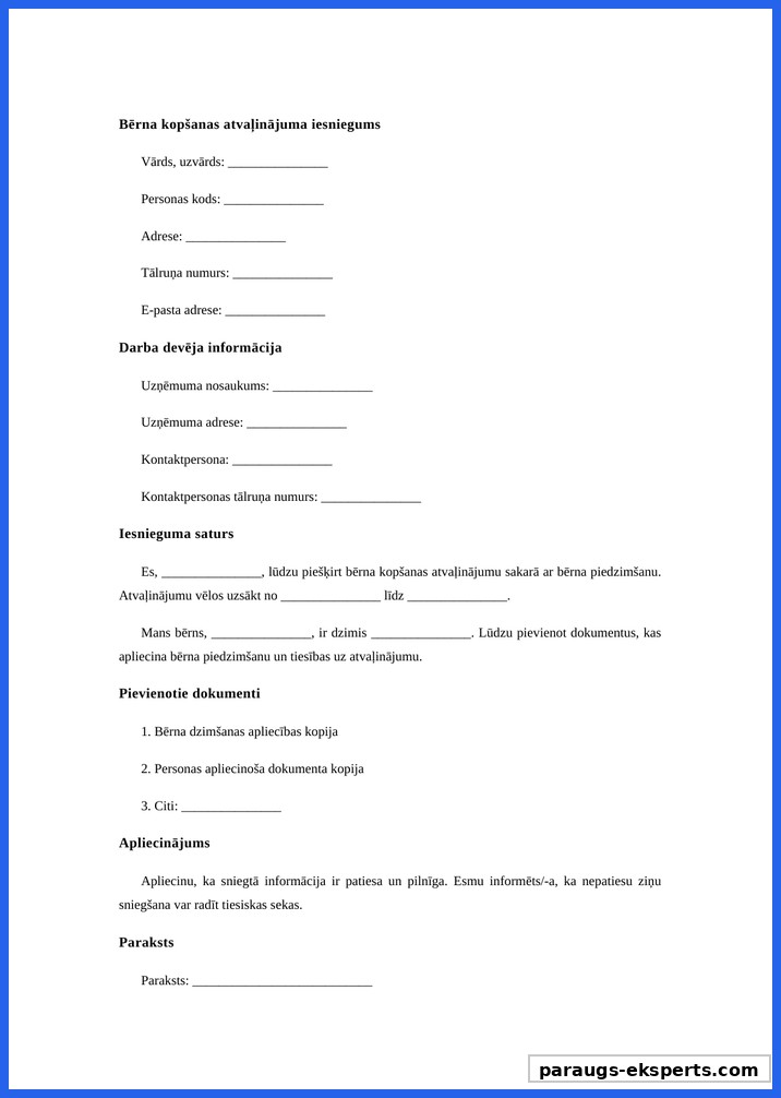 Bērna Kopšanas Atvaļinājums Iesnieguma Paraugs