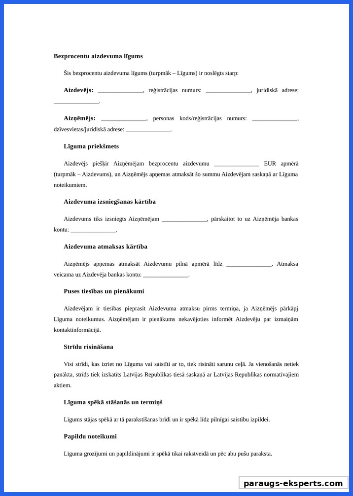 Bezprocentu Aizdevuma Līgums Paraugs