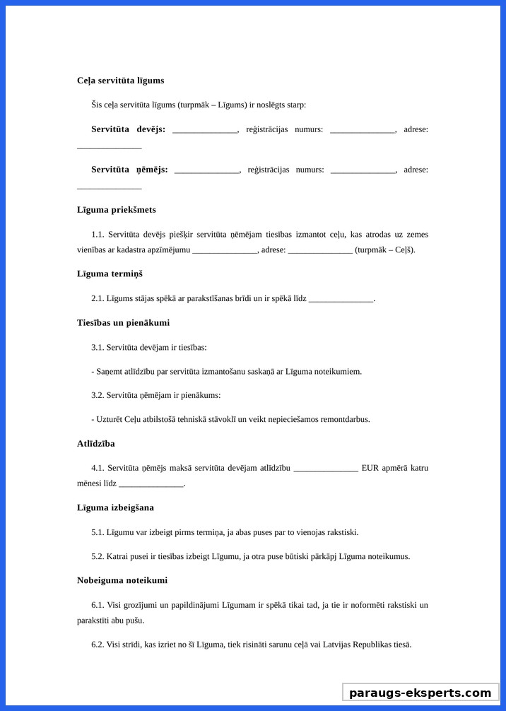 Ceļa Servitūta Līgums Paraugs