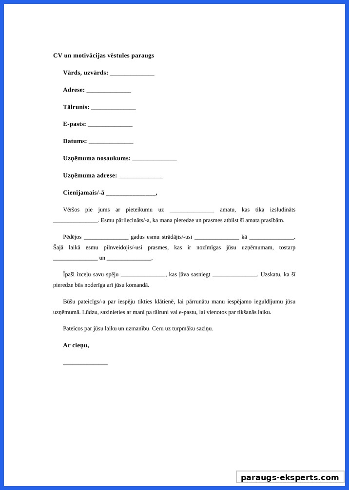 Cv Motivācijas Vēstule Paraugs