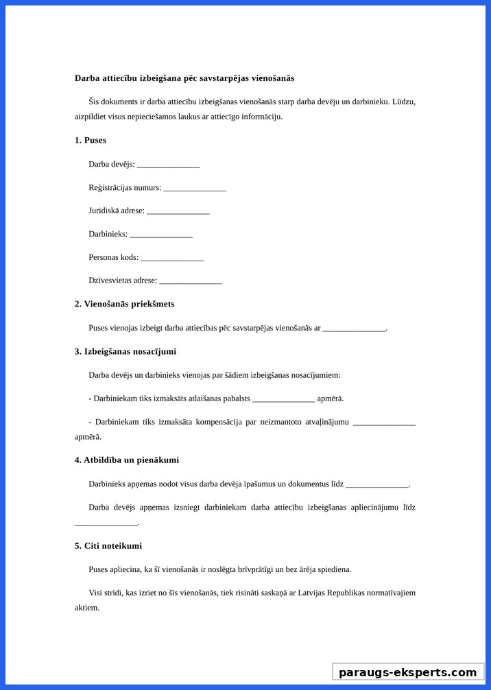 Darba Attiecību Izbeigšana Pēc Abpusējas Vienošanās Paraugs