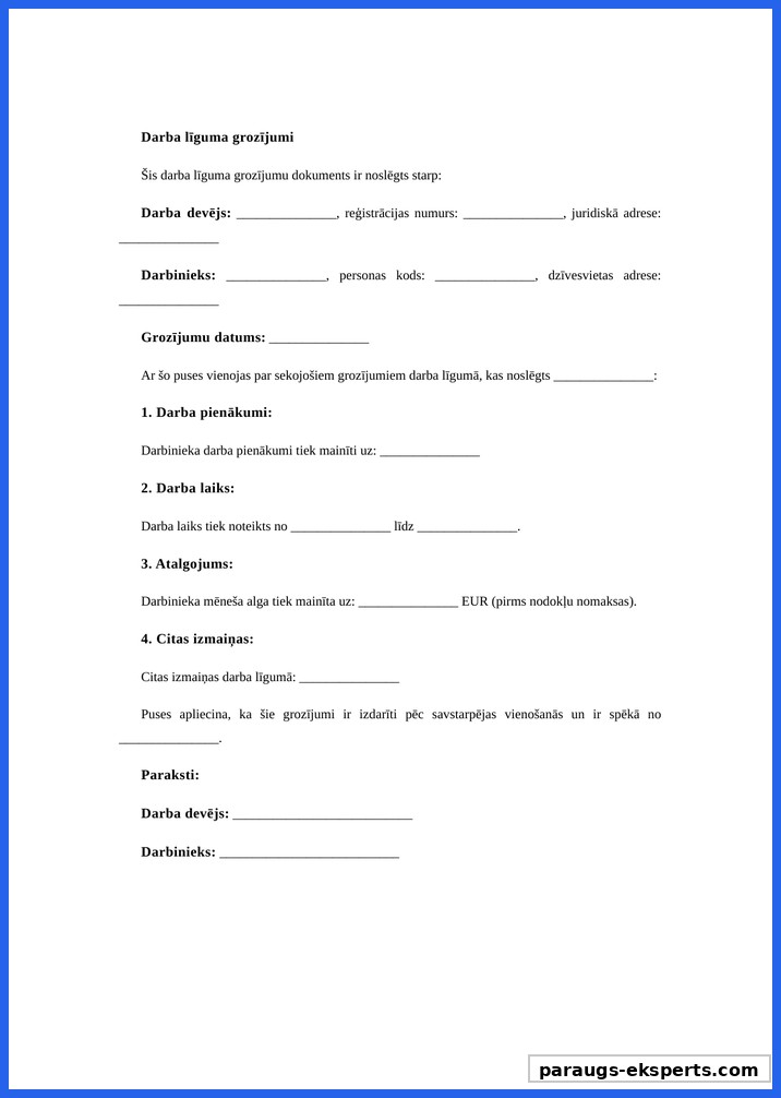 Darba Līguma Grozījumi Paraugs