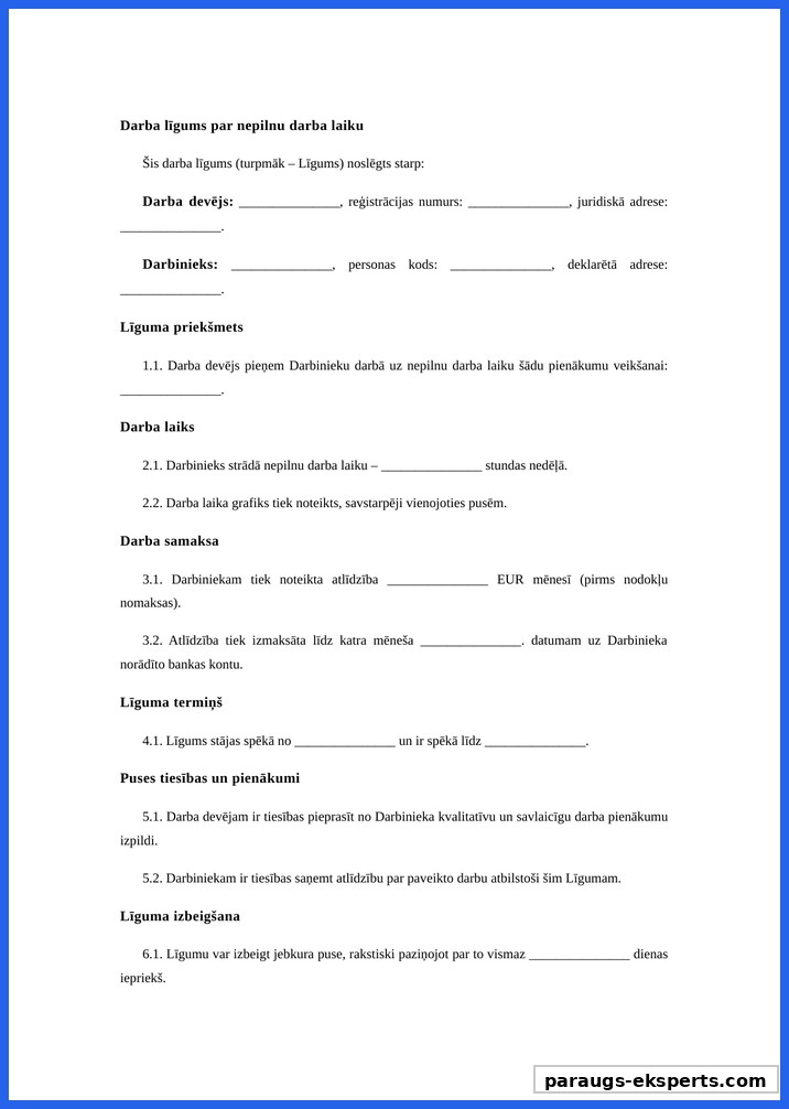 Darba Līgums Nepilns Darba Laiks Paraugs