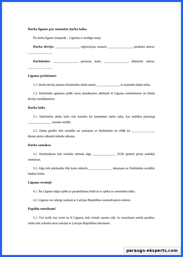 Darba Līgums Summētais Darba Laiks Paraugs
