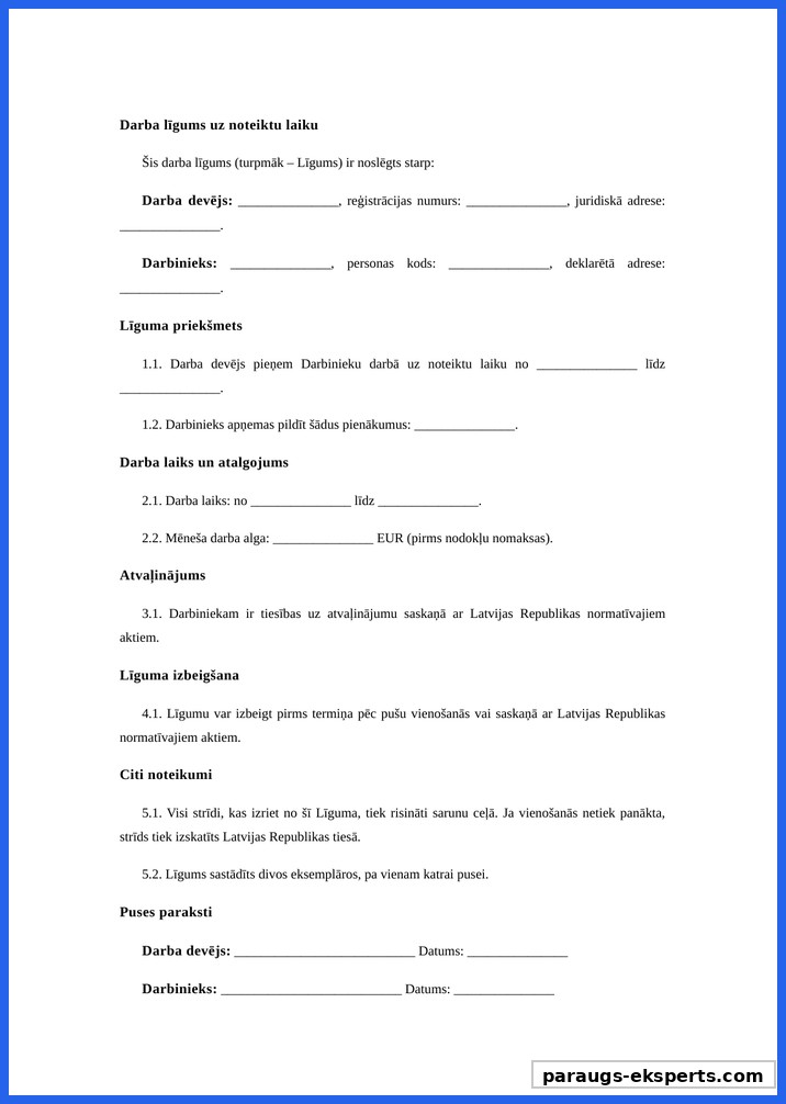 Darba Līgums Uz Noteiktu Laiku Paraugs