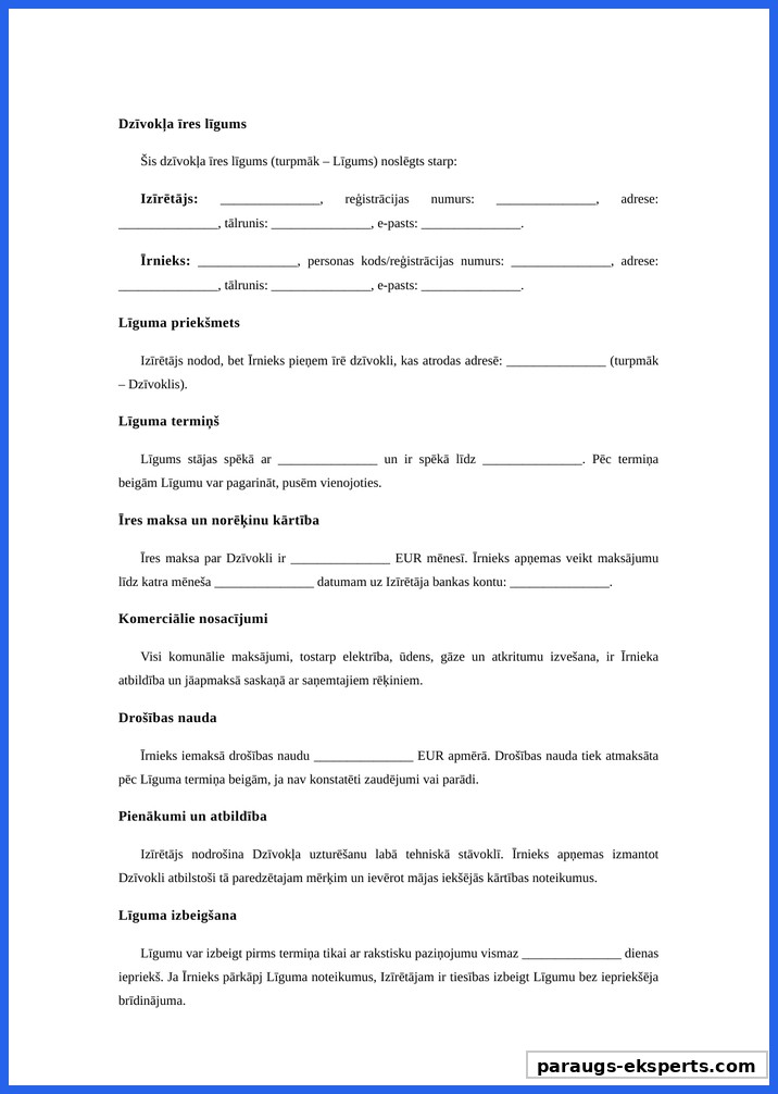 Dzīvokļa Īres Līgums Paraugs