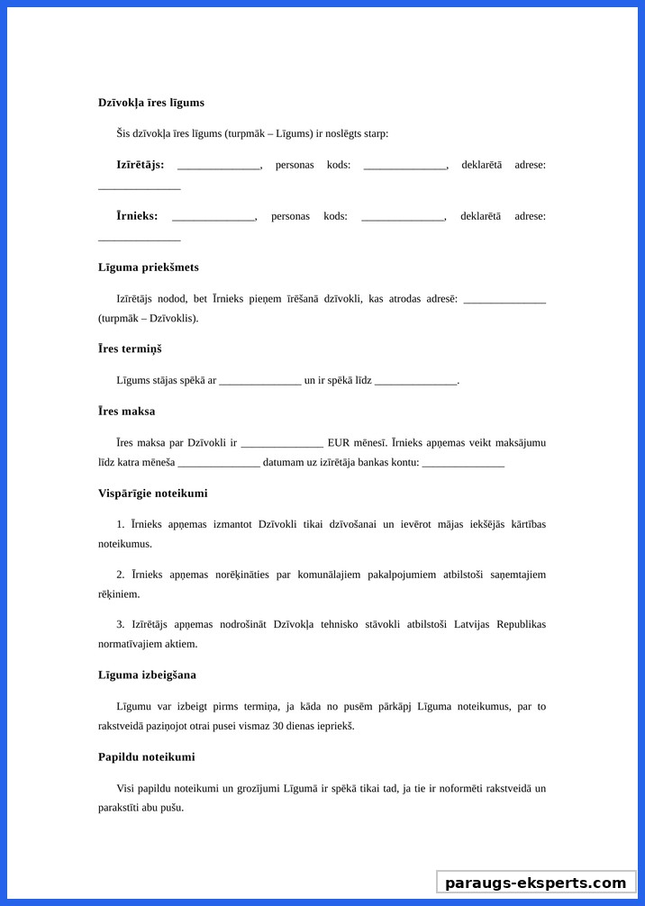 Dzīvokļa Īres Līgums Starp Fiziskām Personām Paraugs