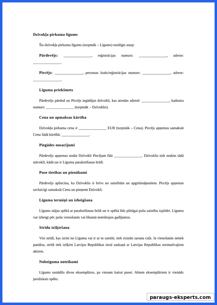Dzīvokļa Pirkuma Līgums Paraugs