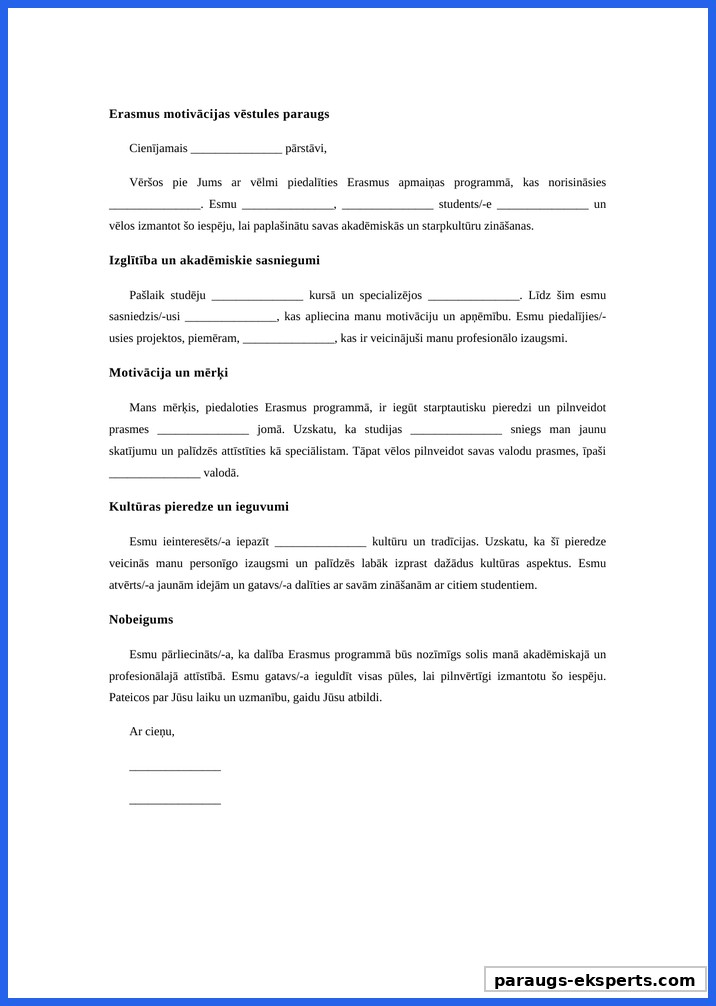 Erasmus Motivācijas Vēstule Paraugs