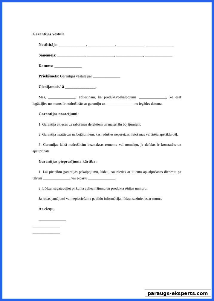 Garantijas Vēstule Paraugs