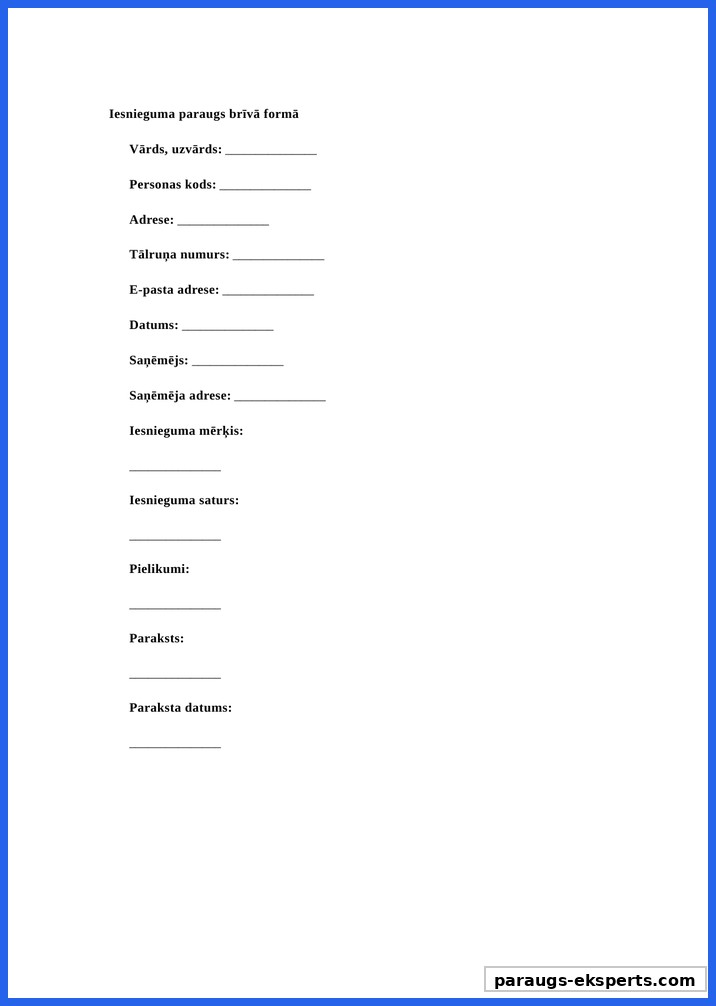Iesnieguma Paraugs Briva Forma