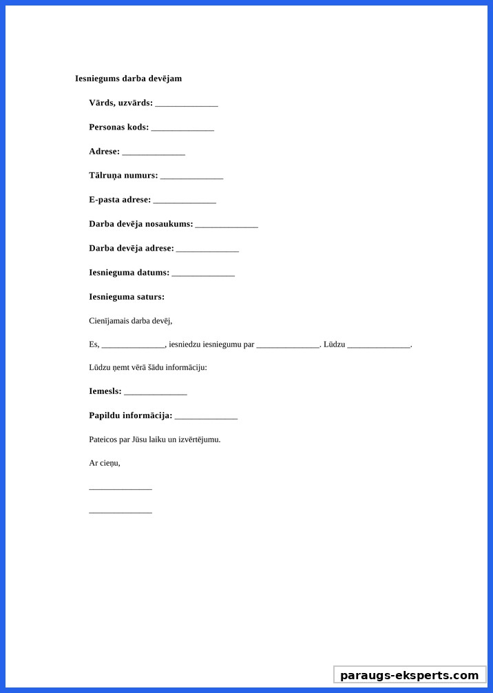 Iesnieguma Paraugs Darba Devējam