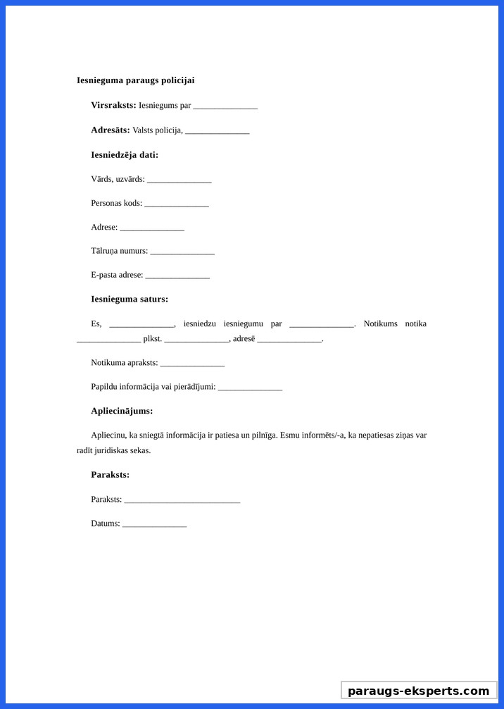 Iesnieguma Paraugs Policijai