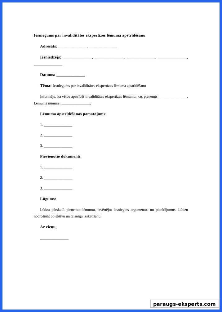 Iesniegums Invaliditātes Ekspertīzes Lēmuma Apstrīdēšanai Paraugs