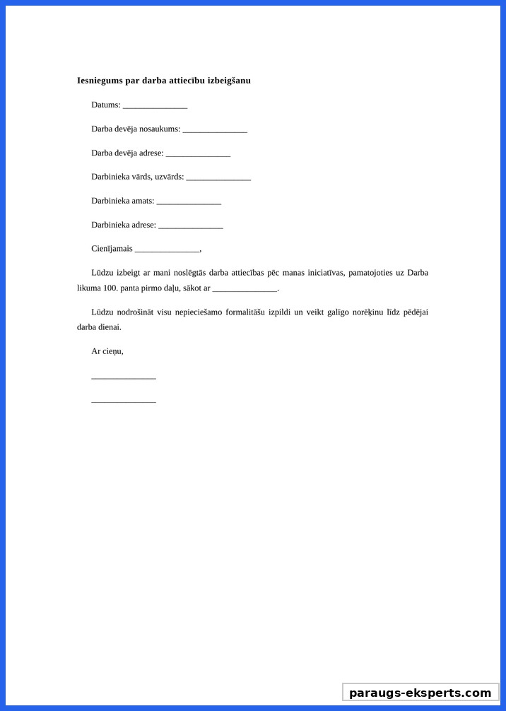 Iesniegums Par Atbrīvošanu No Darba Paraugs