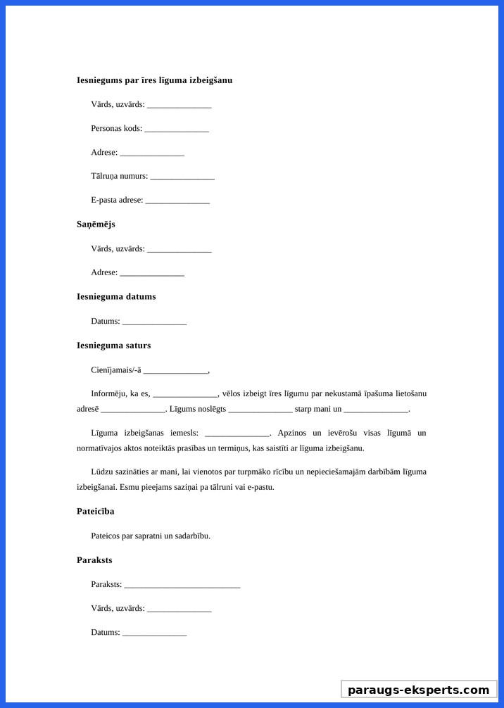 Iesniegums Par Īres Līguma Laušanu Paraugs