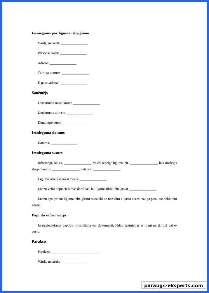 Iesniegums Par Līguma Laušanu Paraugs
