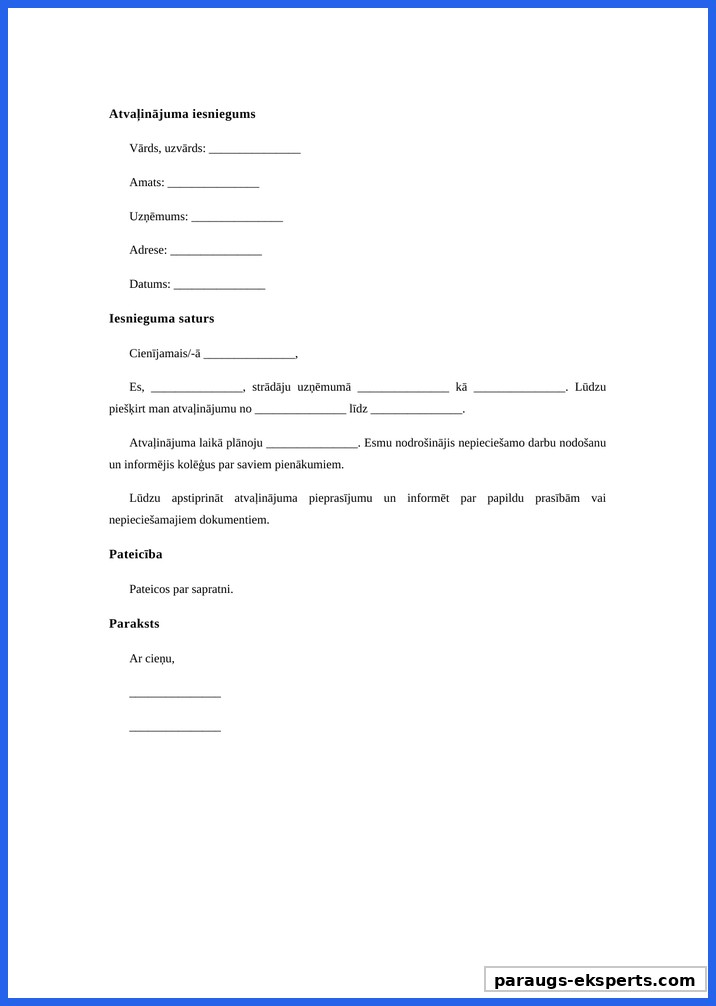 Iesniegums Paraugs Atvaļinājums