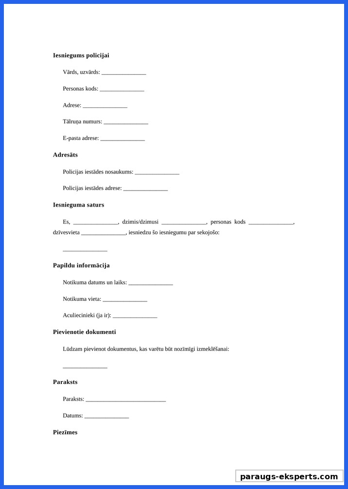 Iesniegums Policijai Paraugs