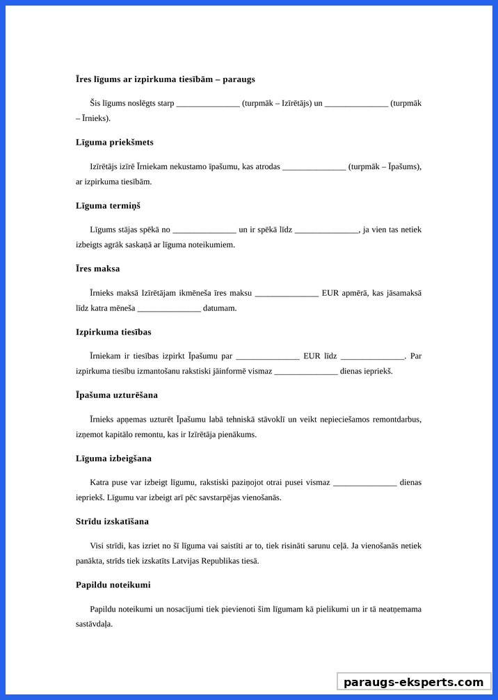 Īre Ar Izpirkuma Tiesībām Līguma Paraugs