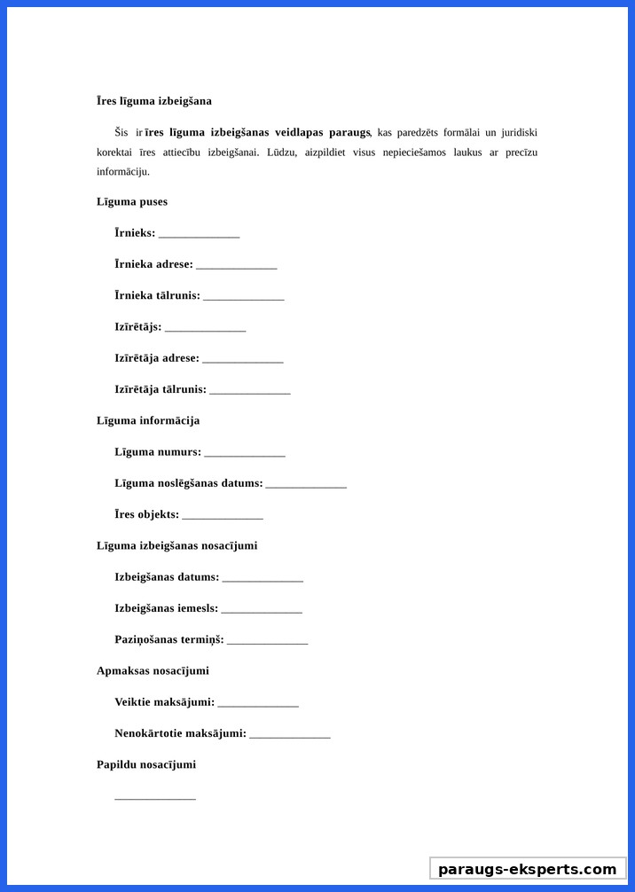 Īres Līguma Izbeigšana Paraugs