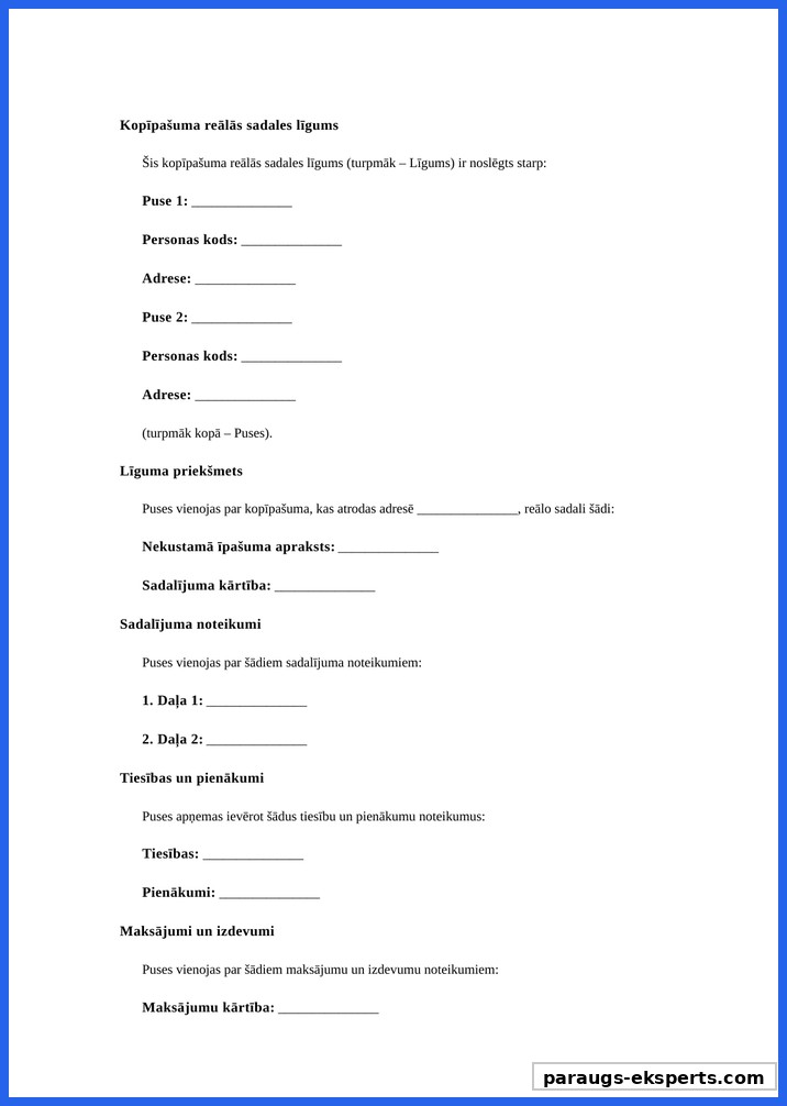 Kopīpašuma Reālās Sadales Līgums Paraugs