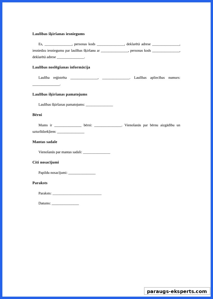 Laulības Šķiršanas Iesniegums Paraugs