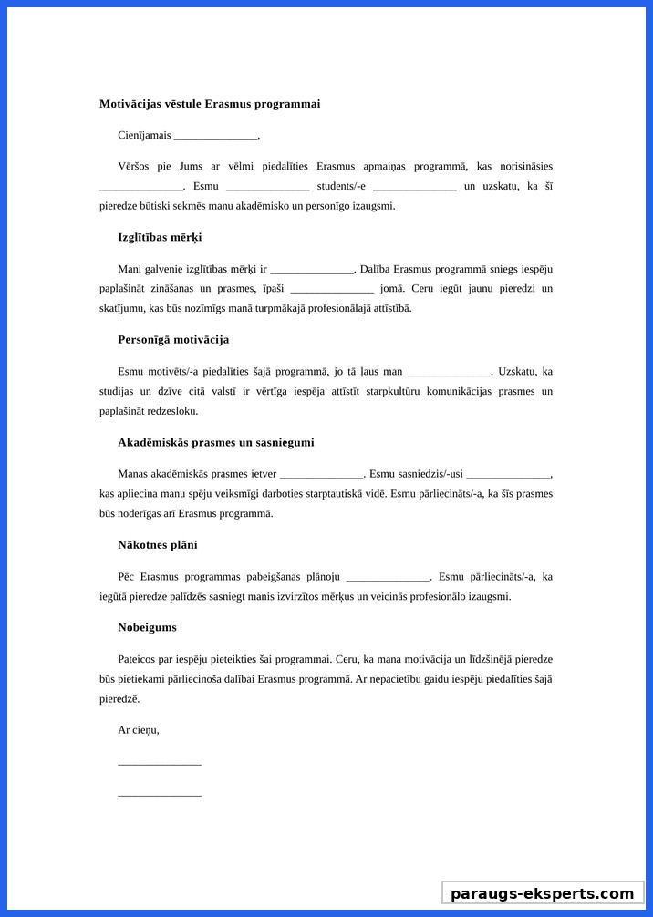 Motivācijas Vēstules Paraugs Erasmus