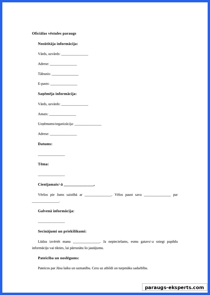 Oficiāla Vēstule Paraugs