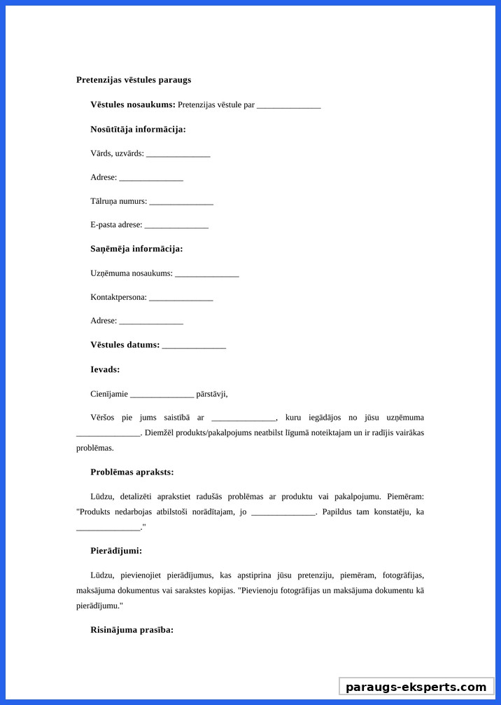 Pretenzijas Vēstules Paraugs