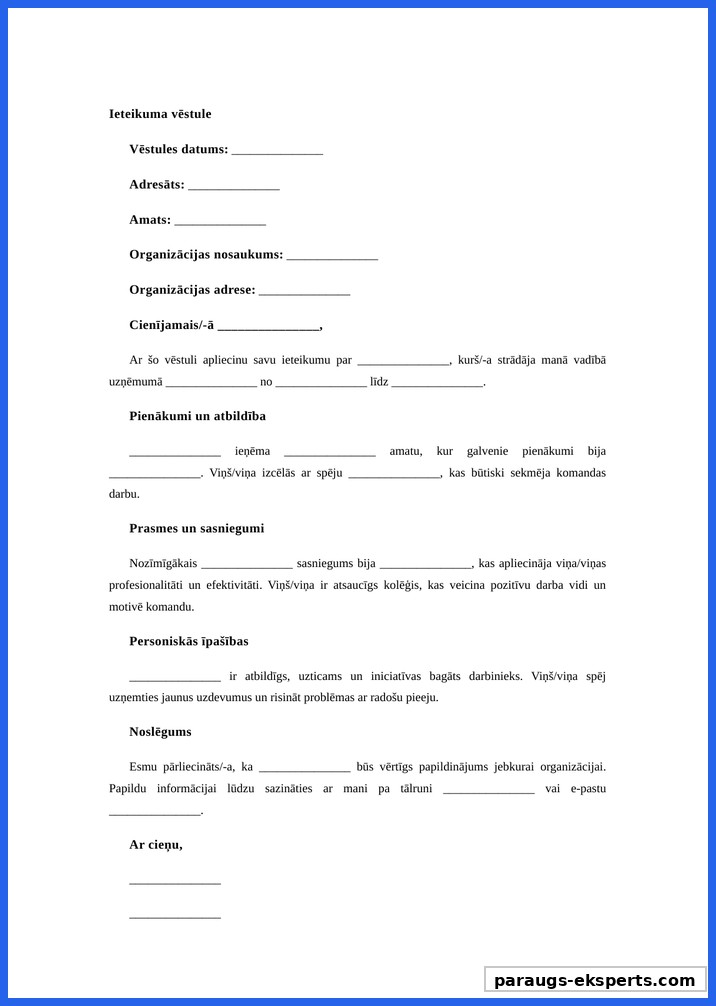 Rekomendacijas Vestules Paraugs